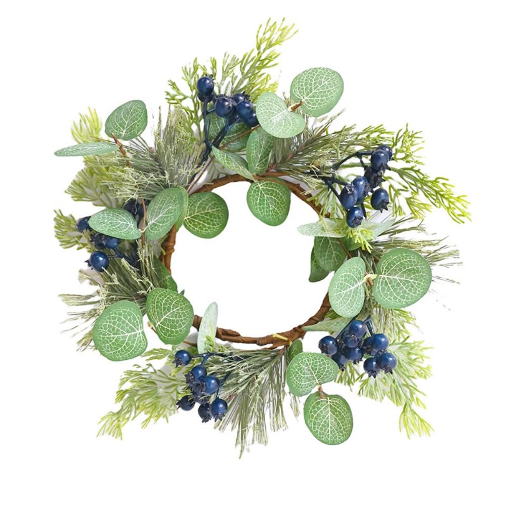 Ccuuhj Green Artificial Eucalyptus Leaves Wreaths Blue Berry Candle Rings Wreaths 30Cm Small Wreath Pillar Candle Holder For Wedding Valentine's Day Home Door Tabletop Decoration (Green)