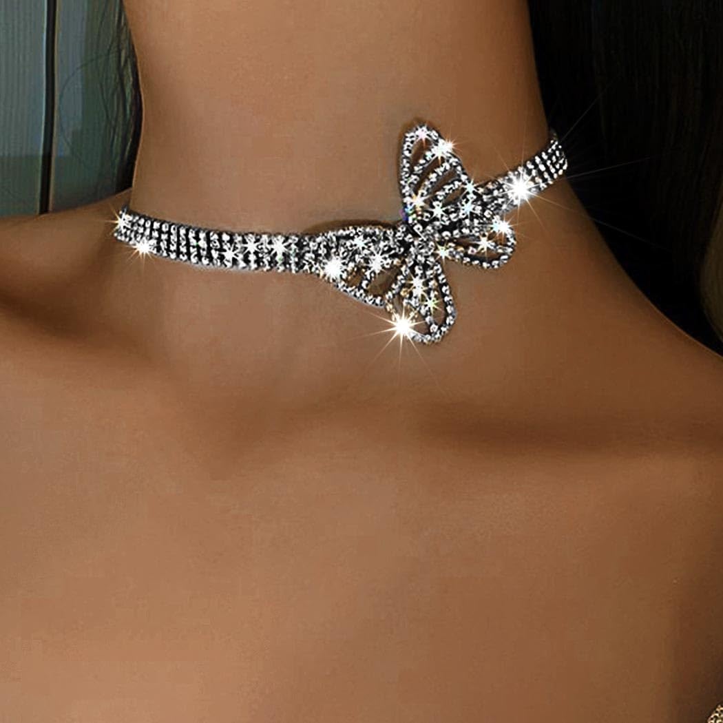 JAKAWIN Butterfly Rhinestone Choker Necklace Silver Diamond Choker Jewelry for Women - Image 3