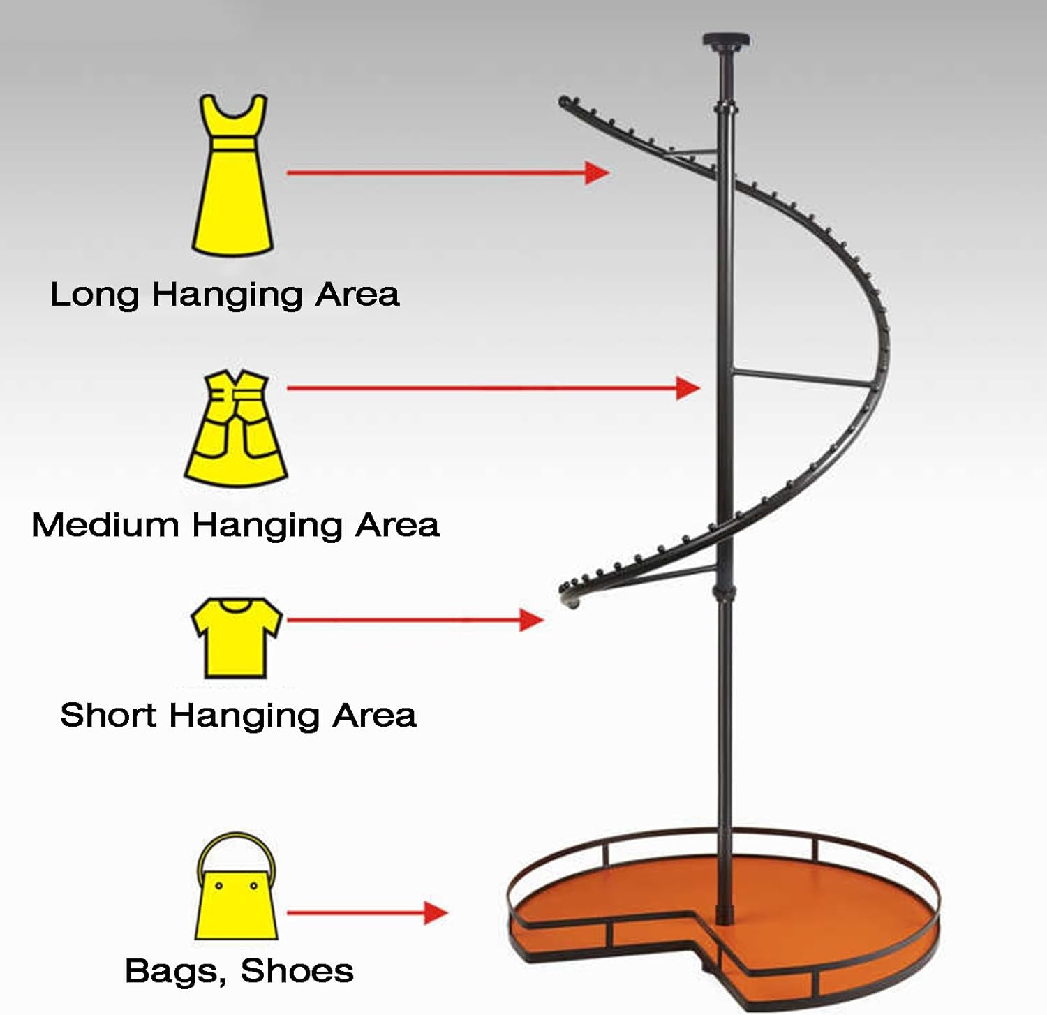 スパイラル回転衣類ラック、頑丈な金属製クローゼットオーガナイザー、S字型コーナー収納アクセサリー、ショップブティックエントランスホー