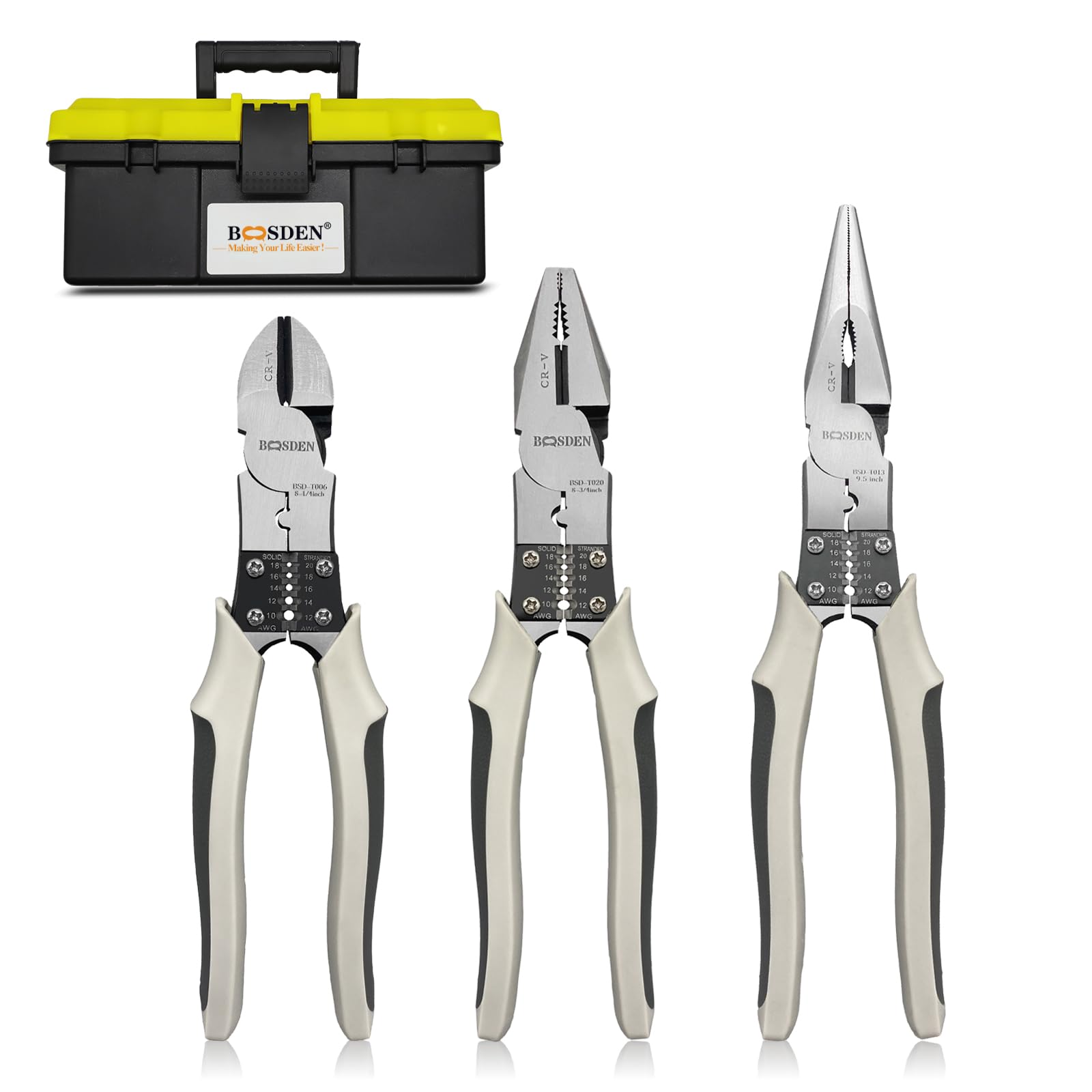 BOOSDEN Juego 3 Alicates 203/228mm con Funda Portátil | Alicate universal, cortador diagonal y punta fina, funda de cinturón para transporte