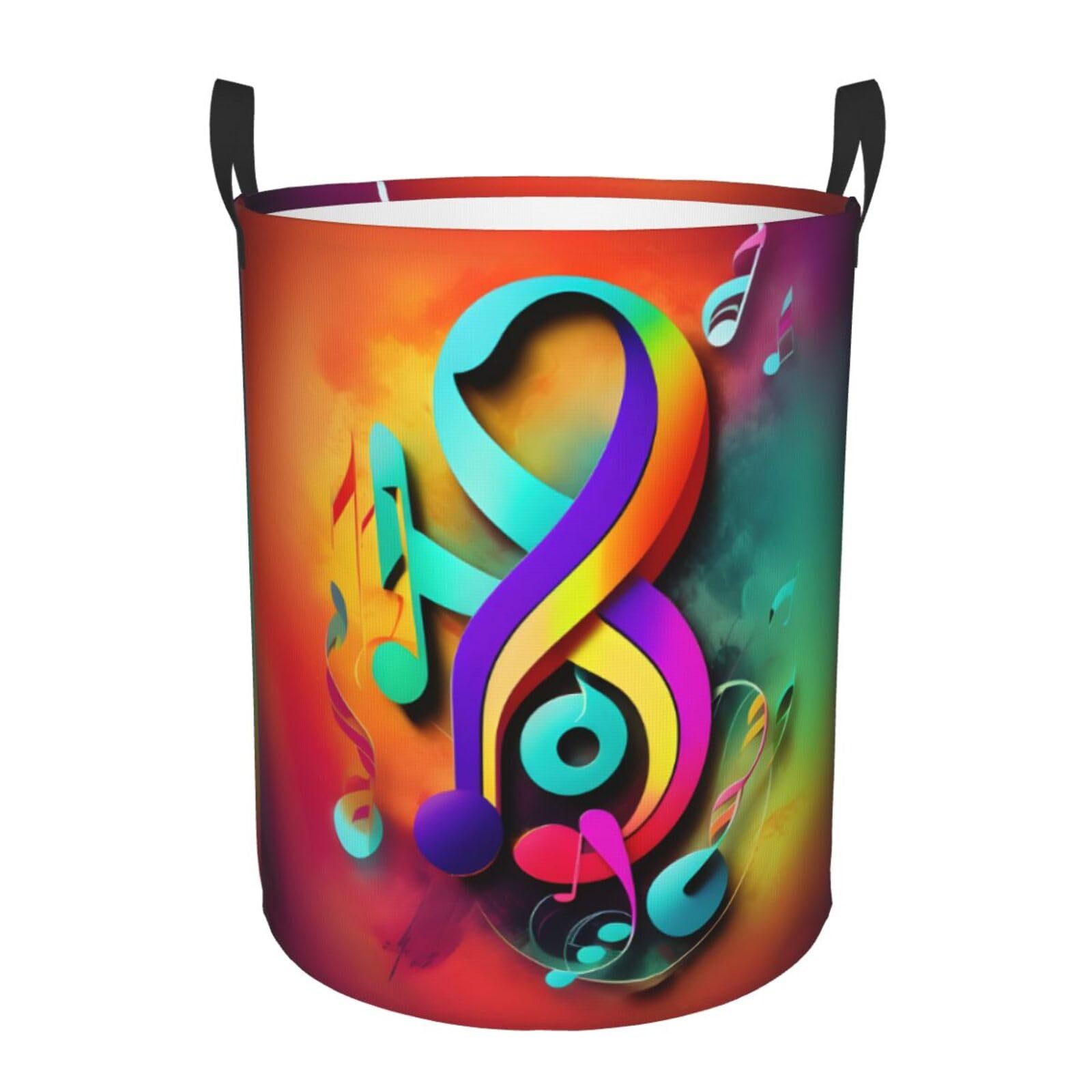 S Collapsible Laundry Hamper Round Colorful Musical Notes Print Storage
