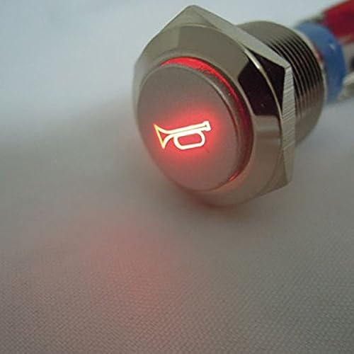 Miniatura 3 de ESUPPORT Botón de contacto momentáneo, para bocina, claxon, con luz LED roja, de 12V, para auto, vehículo, interruptor de palanca de metal, 19mm.