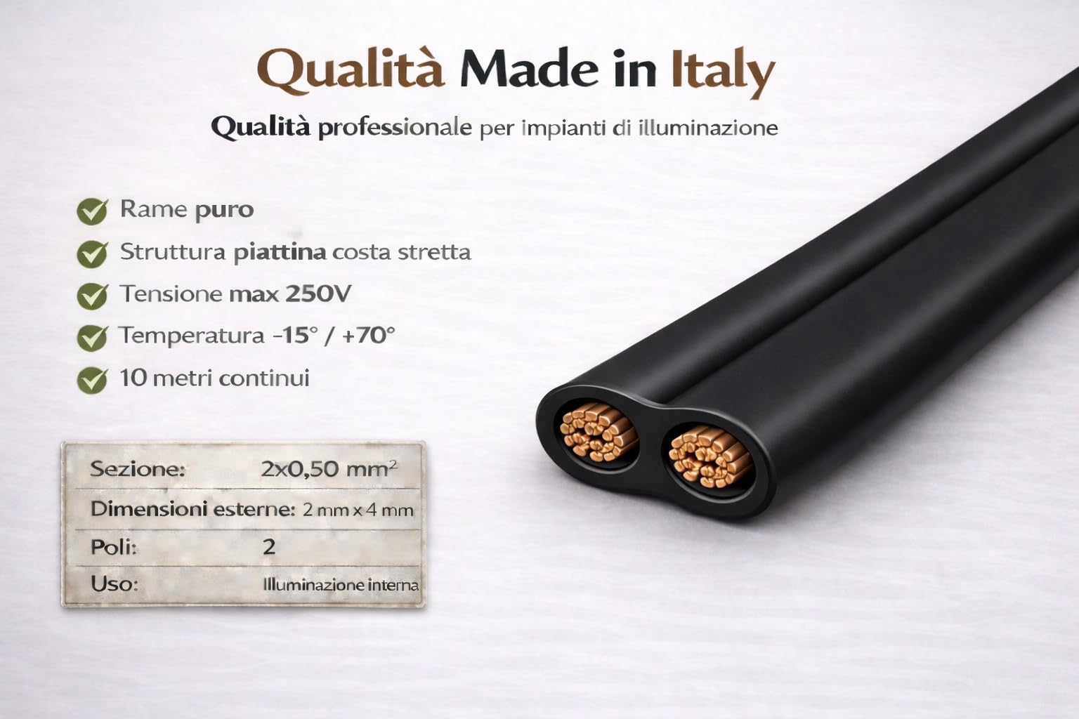 Cavo Piattina Nero 2x0,50 mm² – Filo Elettrico Piatto per Lampade Industrial, Sospensioni e Strutture in Ferro – 10 Metri – 250V - Prometeo Electronics