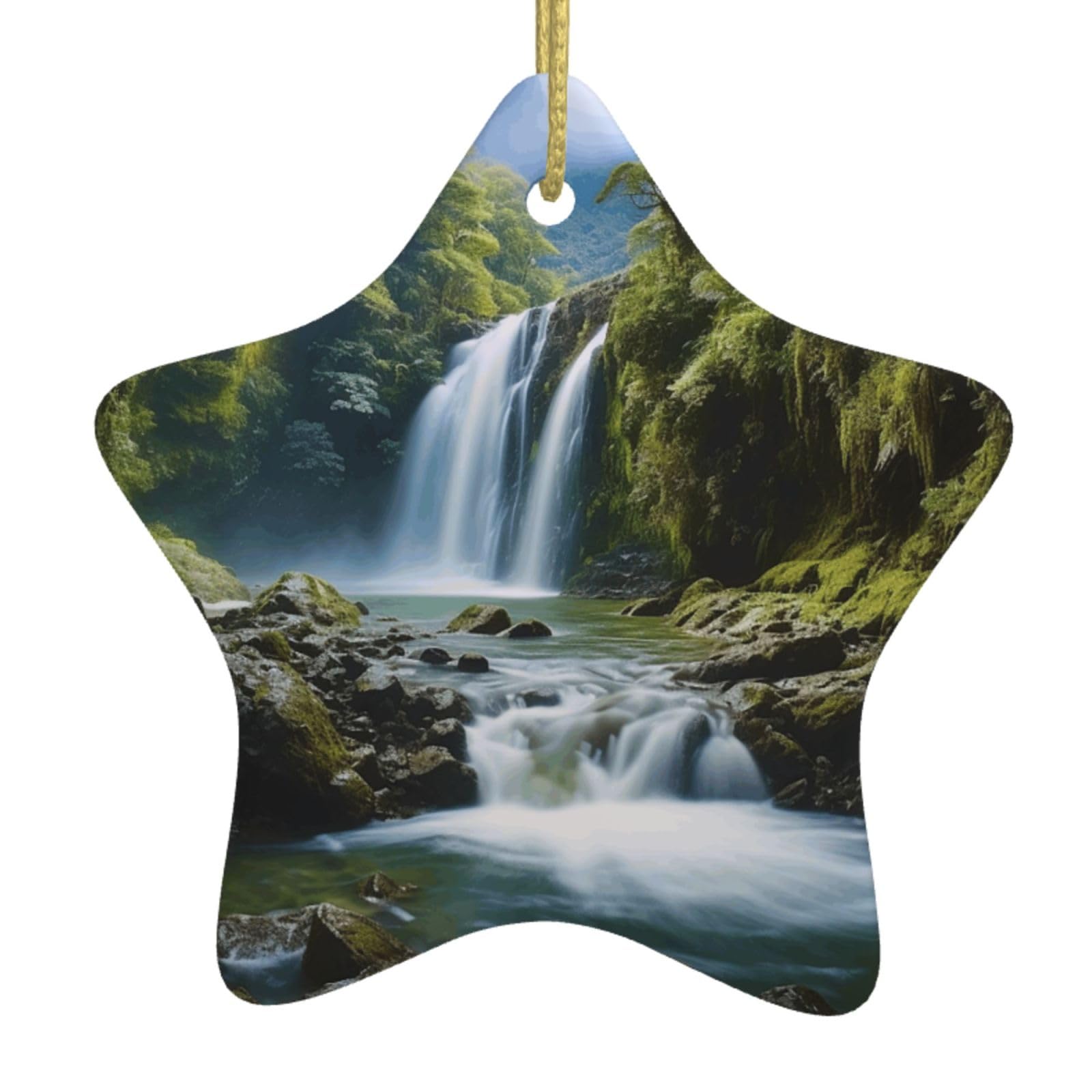 Ceramic Christmas Tree Hanging Ornaments with Gold Ropes Christmas Tree Decorations Star Ceramic Waterfall Landscape Painting Pendant Keepsake Decorations for Holiday Xmas Gift Ideas