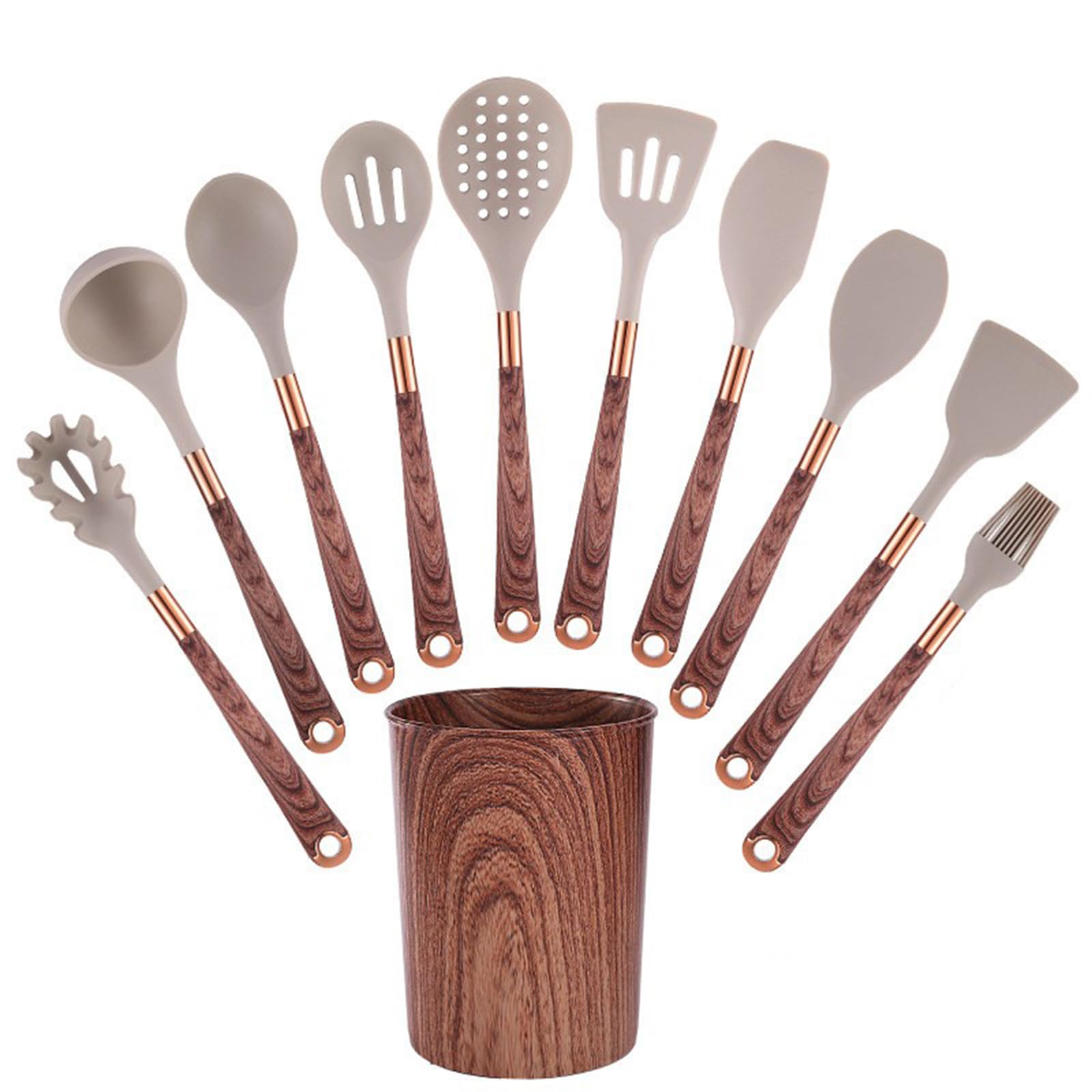 Küchenhelfer Set, 12 Stück Silikon Kochutensilien Kochbesteck Set, Hitzebeständiger Kochgeschirr mit Aufbewahrungseimer,Antihaft Kochset Küchenutensilien mit Holzgriff, Tongs, Whisk, Spatula