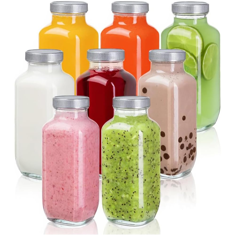 Set of 6 Glass Juice Bottles with Black Lids, 16 Oz Reusable Drink Containers for Juicing, Smoothies, Water, Milk & Kombucha, Leakproof Fridge Storage Jars, Dishwasher Safe Glassware Set, Clear
