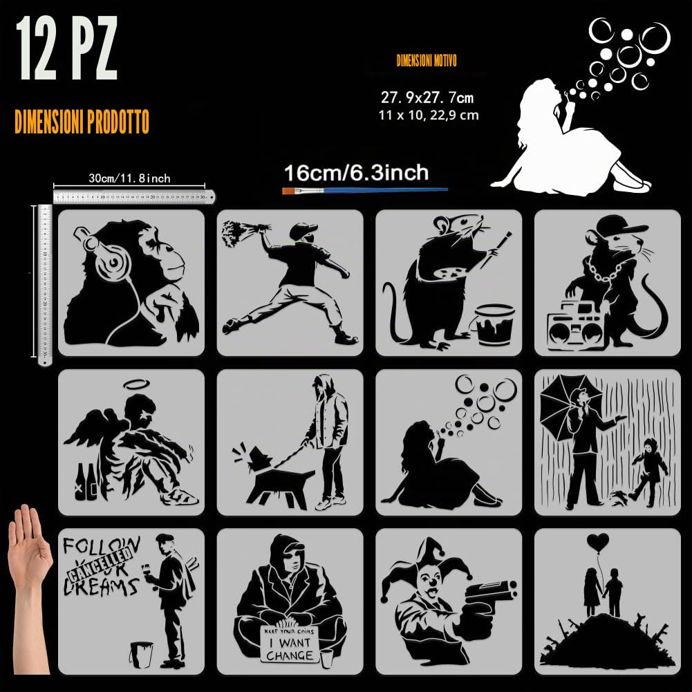 FINGERINSPIRE 12 stencil da disegno Banksy con pennello da 30 x 30 cm, motivo: ragazzi, uomo, angeli, clown, scimpanzé, ratti, pittura a tema Banksy, stencil per dipingere su mobili