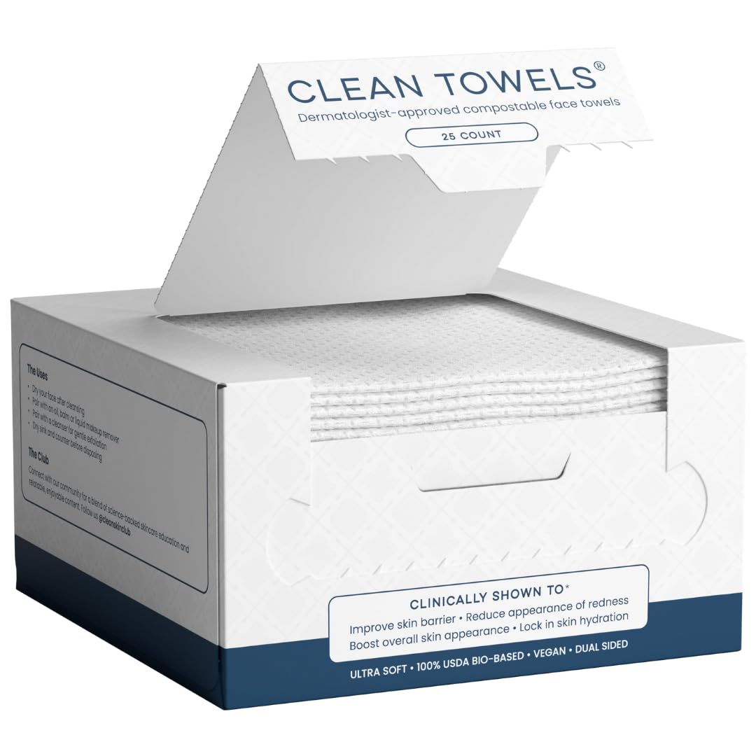 Clean Skin Club Clean Towels®, 100% USDA Biobased Face Towel, Disposable Face Towelette, Eczema Association Accepted, Makeup Remover Dry Wipes, Ultra Soft, 1 Pack, 25 Ct