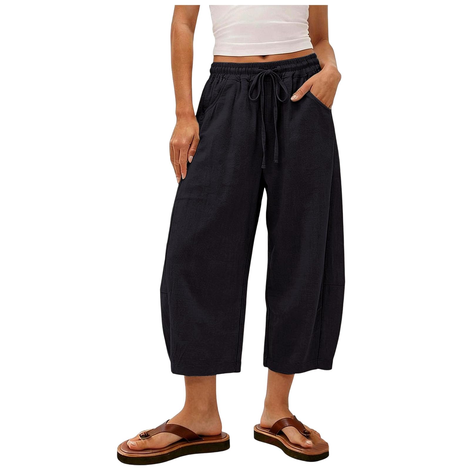 Pantaloni da Donna In Lino Vita Alta Leggeri 2026 Estivi Casual A 3/4 In Mussola Traspiranti A Gamba Larga da Spiaggia Eleganti Lino Pantalonis per Libero con Tasche Pantaloni Gamba Larga S-3XL