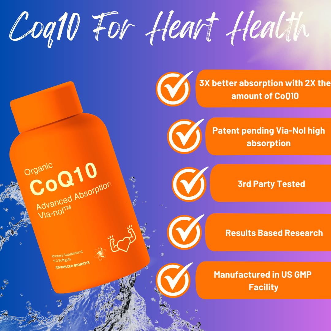 Advanced Bionetix Advanced Absorption 200mg CoQ10 w/Black Pepper Extract. 90 Softgels. Antioxidant Supplement, Heart & Vascular Health, Brain Health, Organic, Gluten Free, Energy Production — Amazon image 2