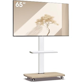 AOKCOS TV Stand Rollable with Wooden Shelf TV Stand on Wheels for 32-65 Inch TVs TV Floor Stand Height Adjustable Swiveling up to 40 kg Max. VESA 400 x 400 mm White + Natural