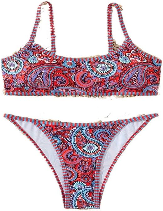 Women's Blue and Yellow Floral Print Bikini Set, Scoop Neck Top, Brazilian Cut Bottoms PQ0010