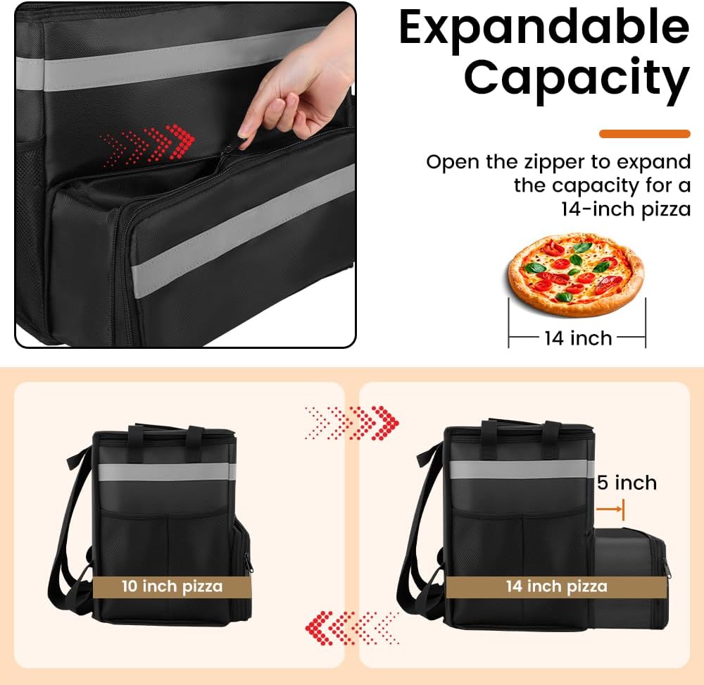 Food Delivery Bag,Large Insulated Backpack for Doordash/Uber Eeats, Expandable Cooler Bags for Bike/Motorcycle with Reflective Strip and Cup Holders,Reusable Pizza Food Delivery Bag with Hand Straps