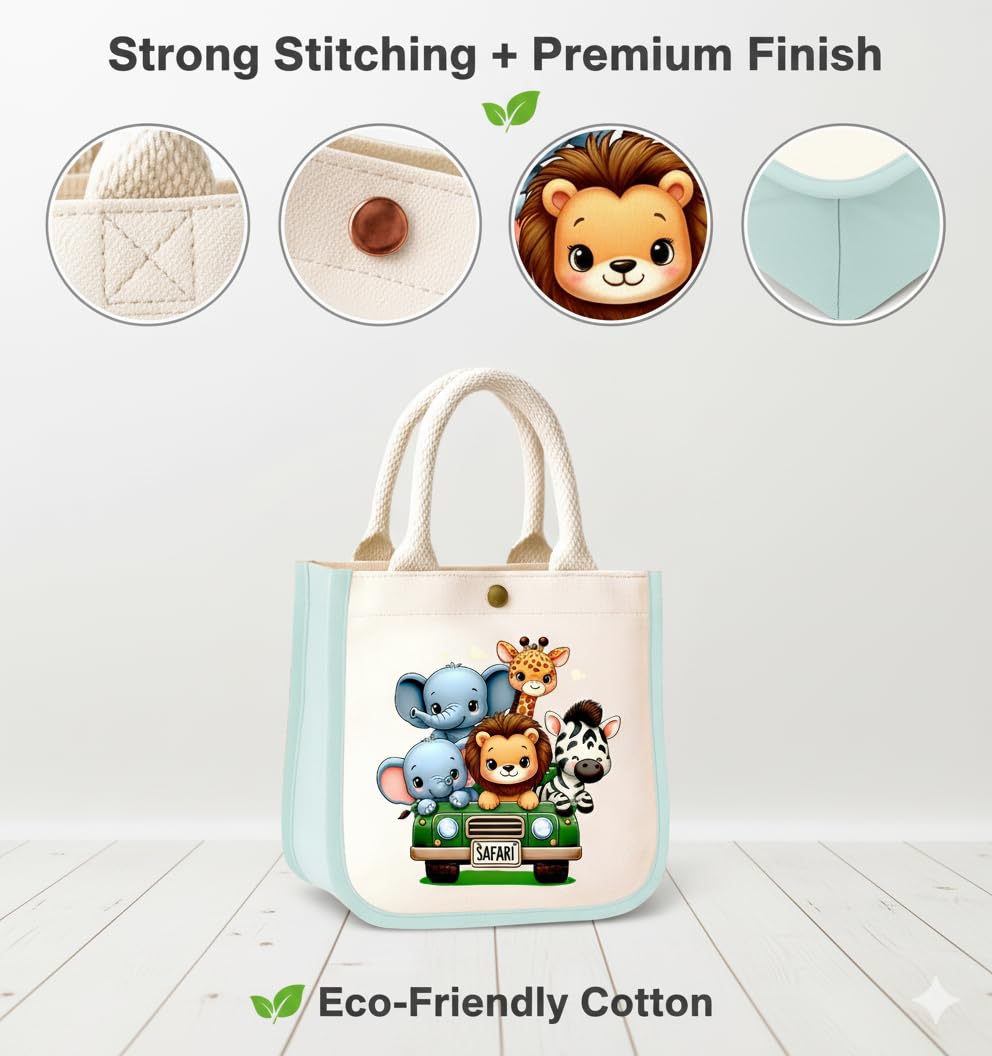 HOBBY INDIA Kids Lunch Bag | Cute & Stylish Mini Tiffin Bag for Boys & Girls | Cute Cotton Cartoon Design I Perfect For Picnic Tuition School, Preschool & Playschool (Jungle Safari) 3