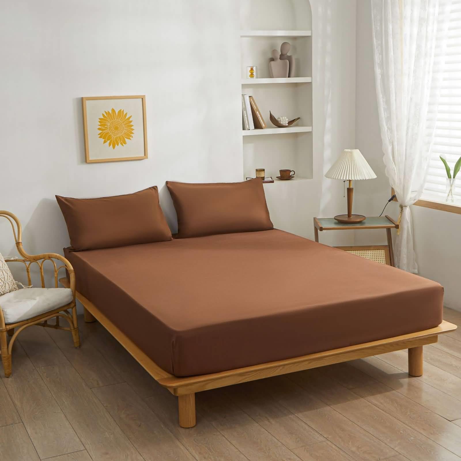 Epinki Fitted Double Sheet, 135x200cm, Deep Pocket 25 cm, Coffee, Polyester Solid Color Fitted Sheet