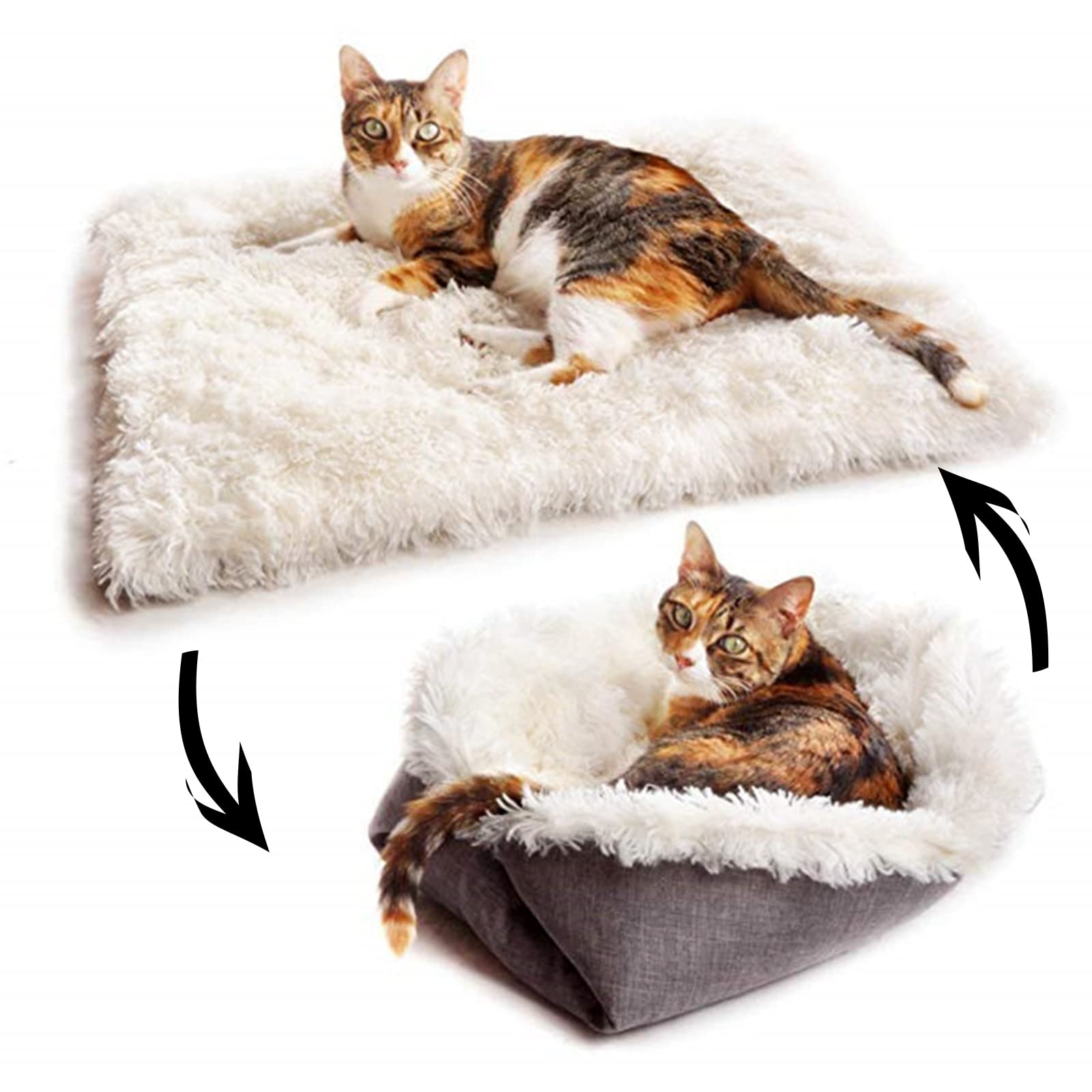 TAME Foldable Convertible Cat Bed for Indoor Cat, Sleeping Nest and Mat 2 in 1,Plush Warm Comfy Pet Nest Pad Bed for Cat & Puppy