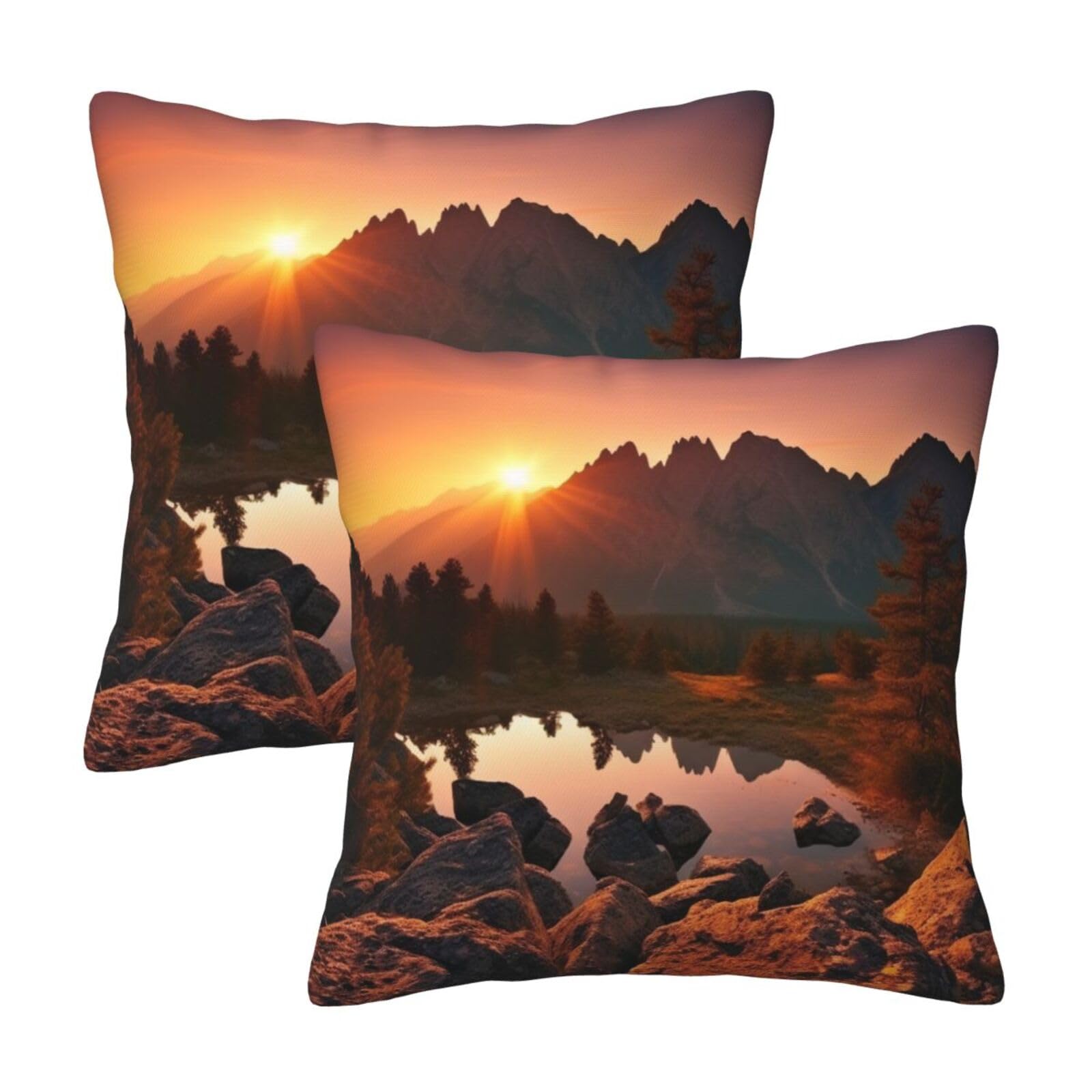 Mountain view at sunrise Throw Pillow Cases 2 Pack Square Pillowcases Soft Pillow Protectors for Couch Livingroom Sofa Bed Office Car,30x30 CM