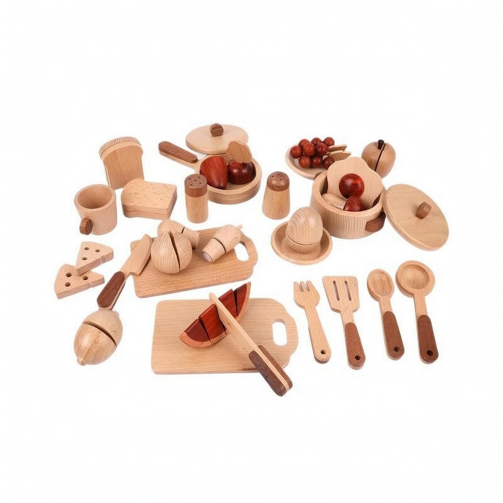 15 Pieces Giocattolo da Cucina in Legno Naturale Forme Arrotondate Set da Cucina in Legno Durevole Set Piatti Giocattolo