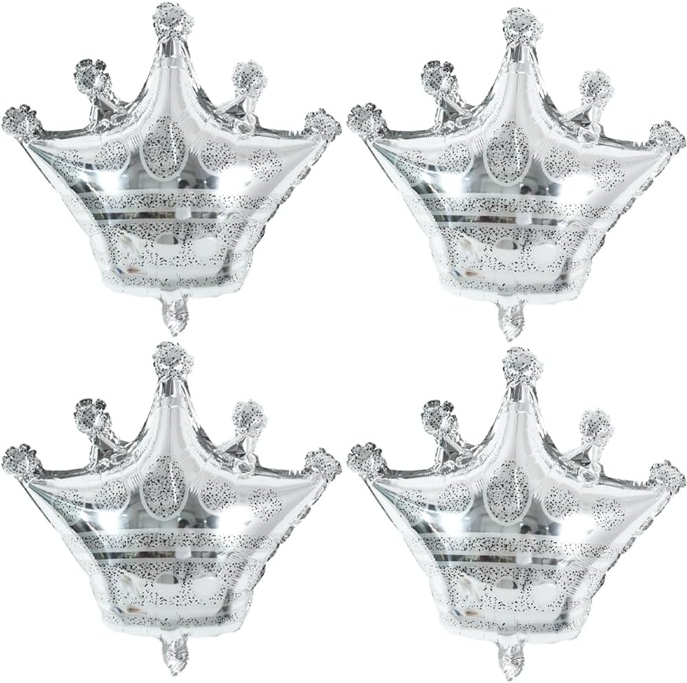 TONIFUL 4 Pcs Crown Balloons 24 Inch Silver Crown Shaped Foil Mylar Balloons for Anniversary,Baby Shower,Wedding,Girls Birthday Decorations,Princess Themed Party Supplies