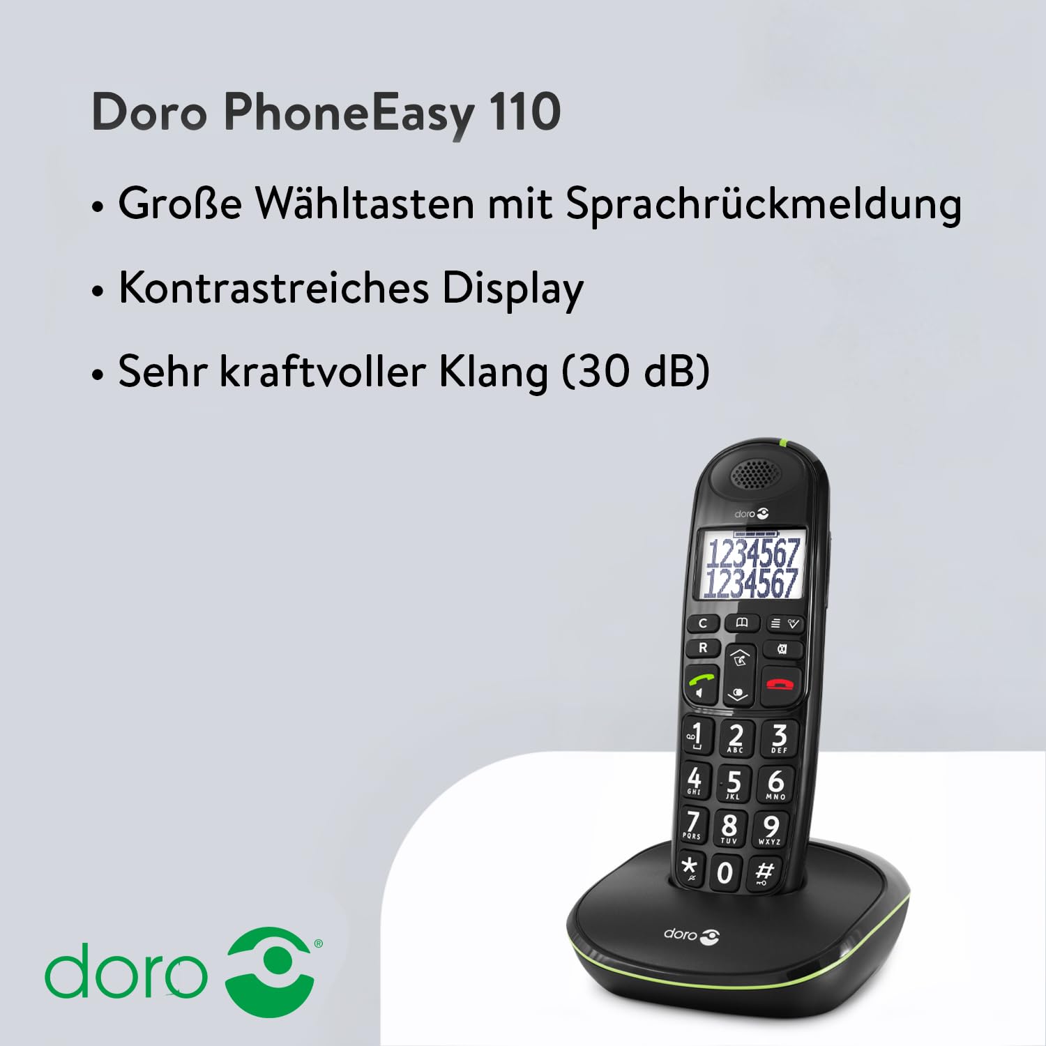 Doro PhoneEasy 110 DECT Senior Schnurlostelefon, große Schrift und große Zahlen, optische Anrufsignalisierung, Freisprechfunktin, lauter Rufton, Kurwahltasten, Hörgerätekompatibel schwarz