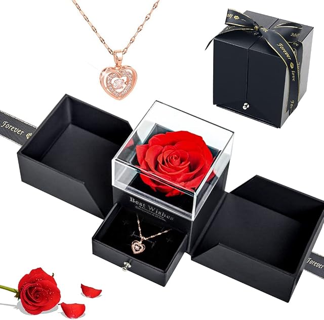 Preserved Rose with Heart Necklace, Eternal Red Rose Flower Gift Box Handmade Forever Rose Romantic Gifts for Her Women Wife Girlfriend on Mother's Day, Birthday, Anniversary, Valentine's Day