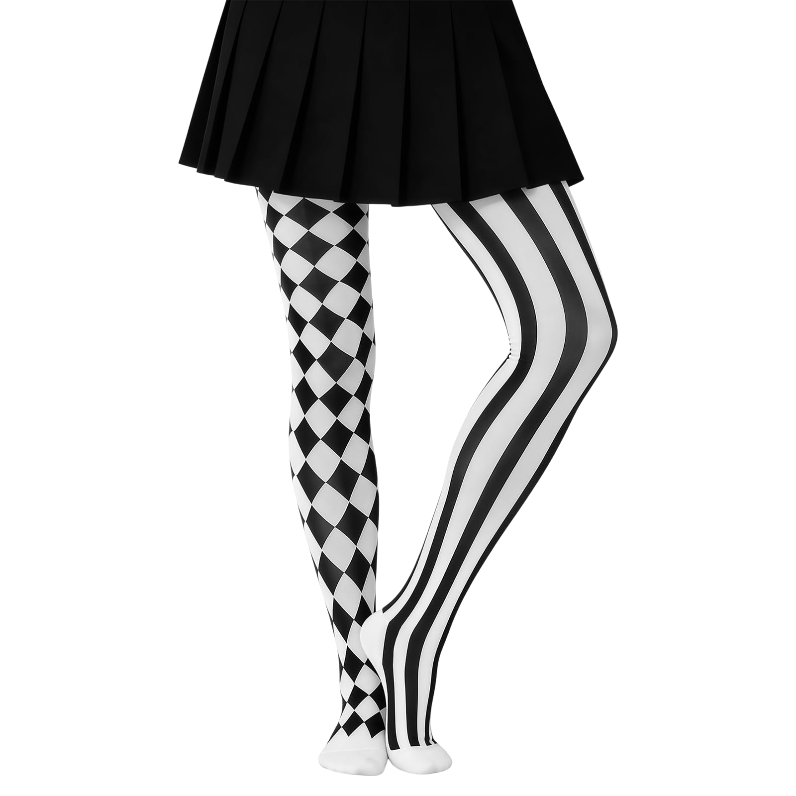UNVOJL Clown Tights for Circus Costume,Black and White Knee High Socks,Harlequin Tights for Halloween Costume Cosplay Parties, Cosplay and Masquerades