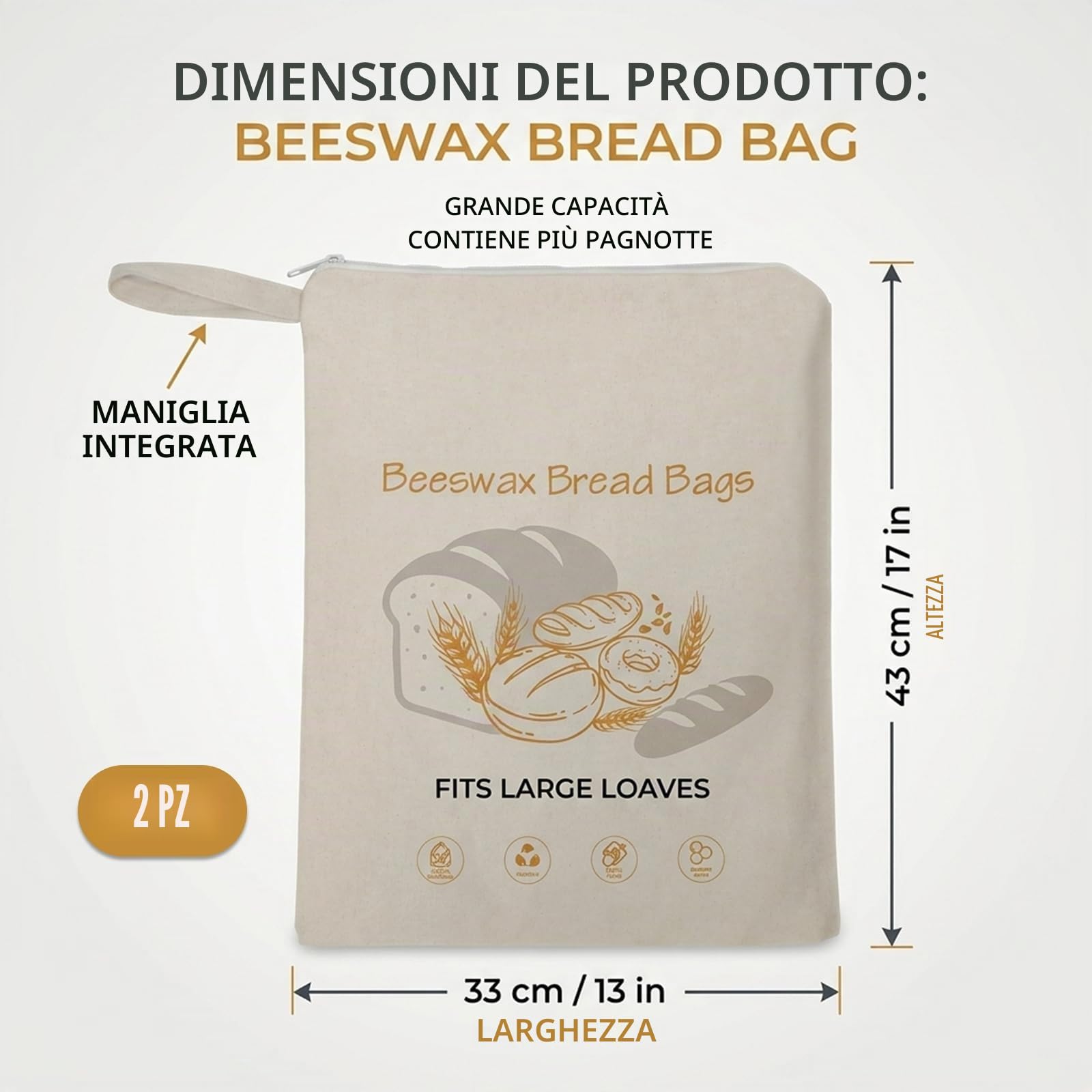 Sacchetto per Pane in Cera d‘Api, Sacchetti Riutilizzabili per Conservazione con Cerniera e Manico, Cotone Naturale per Pane Fatto in Casa e Lievito Madre (2 Pezzi, 33x43cm)