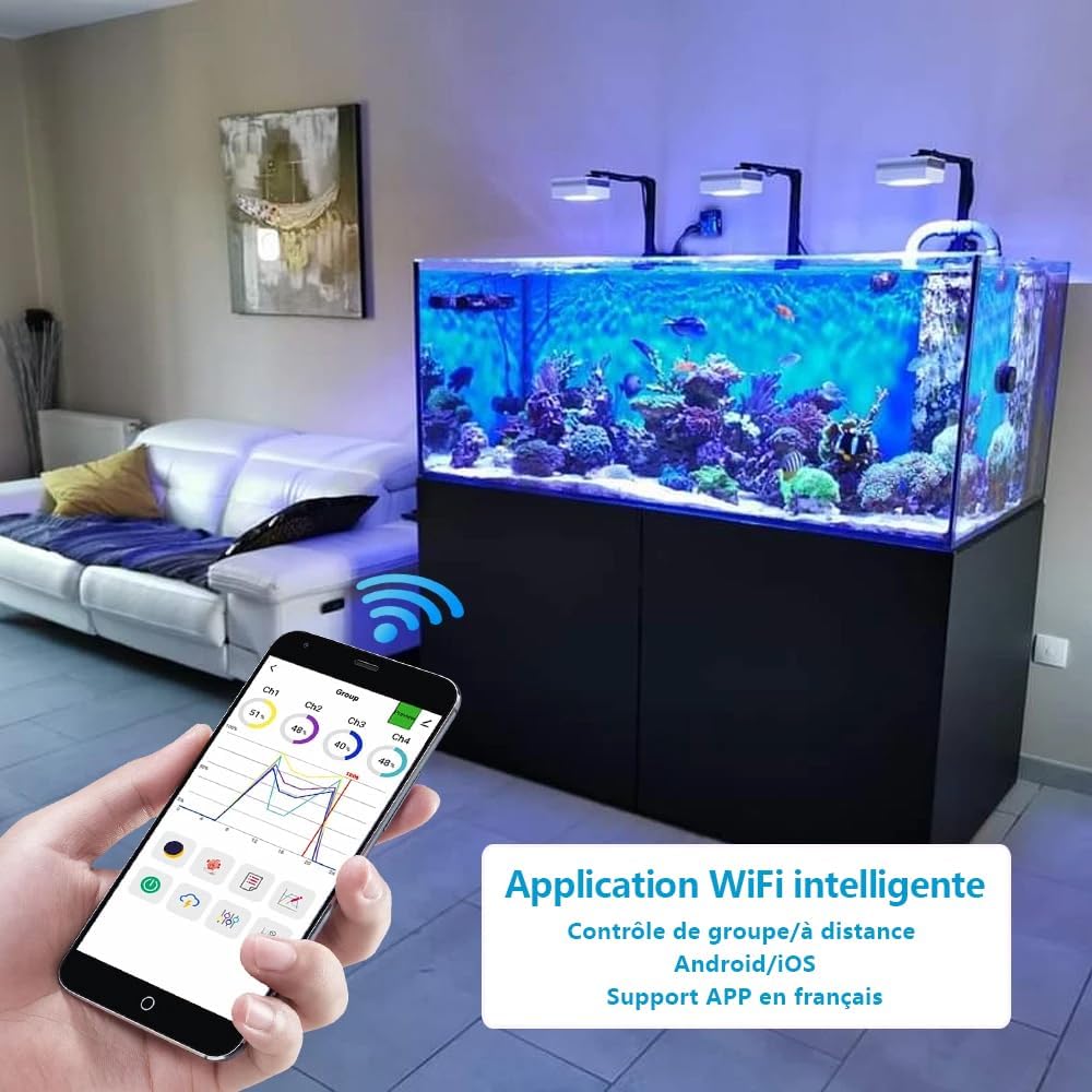 PopBloom RL90 WiFi Rampe LED Aquarium Eau de Mer 100W, APP Programme Marine Éclairage à Spectre Complet pour Aquarium de Corail, L'APP prend en charge le français