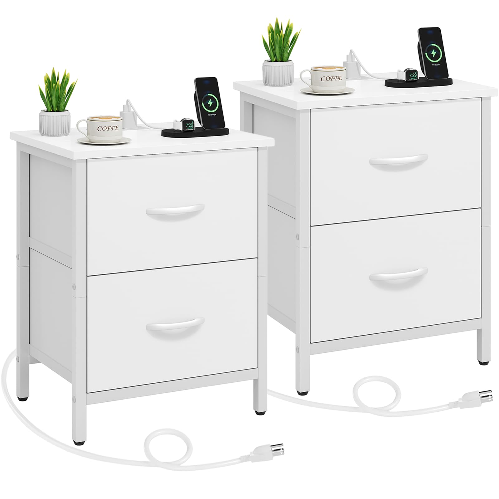 vagusicc nightstand set of 2 with charging station, end table beside table with power outlet & usb ports, side table with 2 fabric drawers for bedroom, living room, white