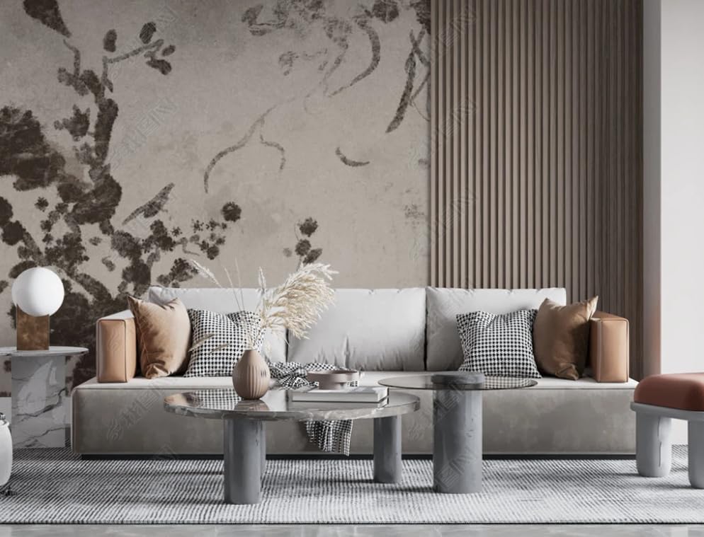 Papier Peint Intissé Abstrait Salon Grand Poster Mural Feuilles Gris