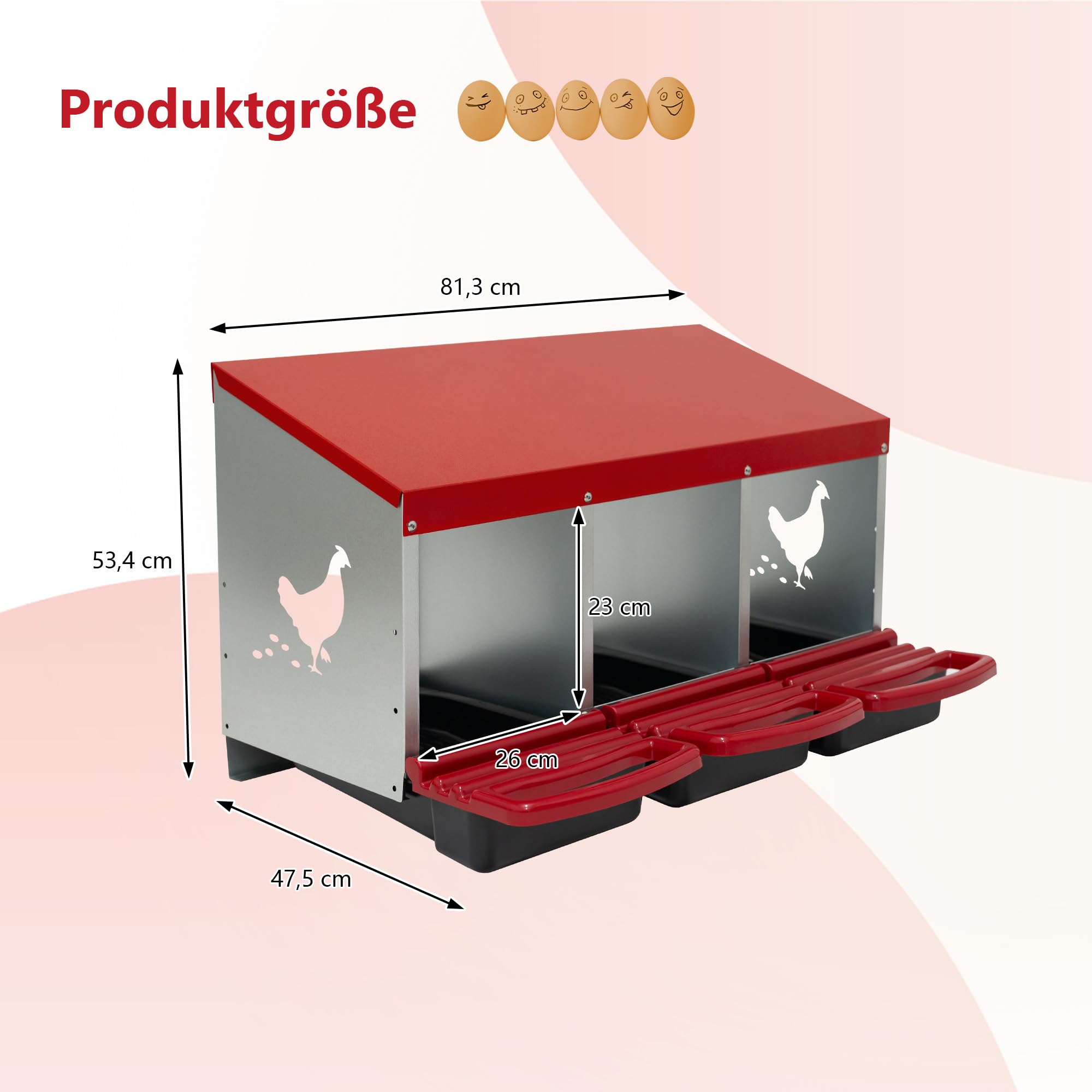 Thanaddo Legenest für Hühner aus Metall mit Lüftungslöchern und geneigtem Boden, 3 Abteilungen Hühnernest hühnerhaus für gelegte Eier zum Aufhängen, LxBxH 81 x 48 x 53,4 cm, Rot