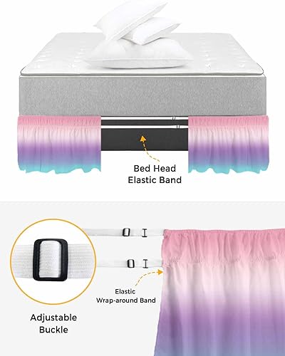 Miniatura 4 de Coloredd Falda de cama de arco iris, tamaño Queen de 16 pulgadas de caída, ajustable y elástica, faldas de cama plisadas de lujo con volantes de