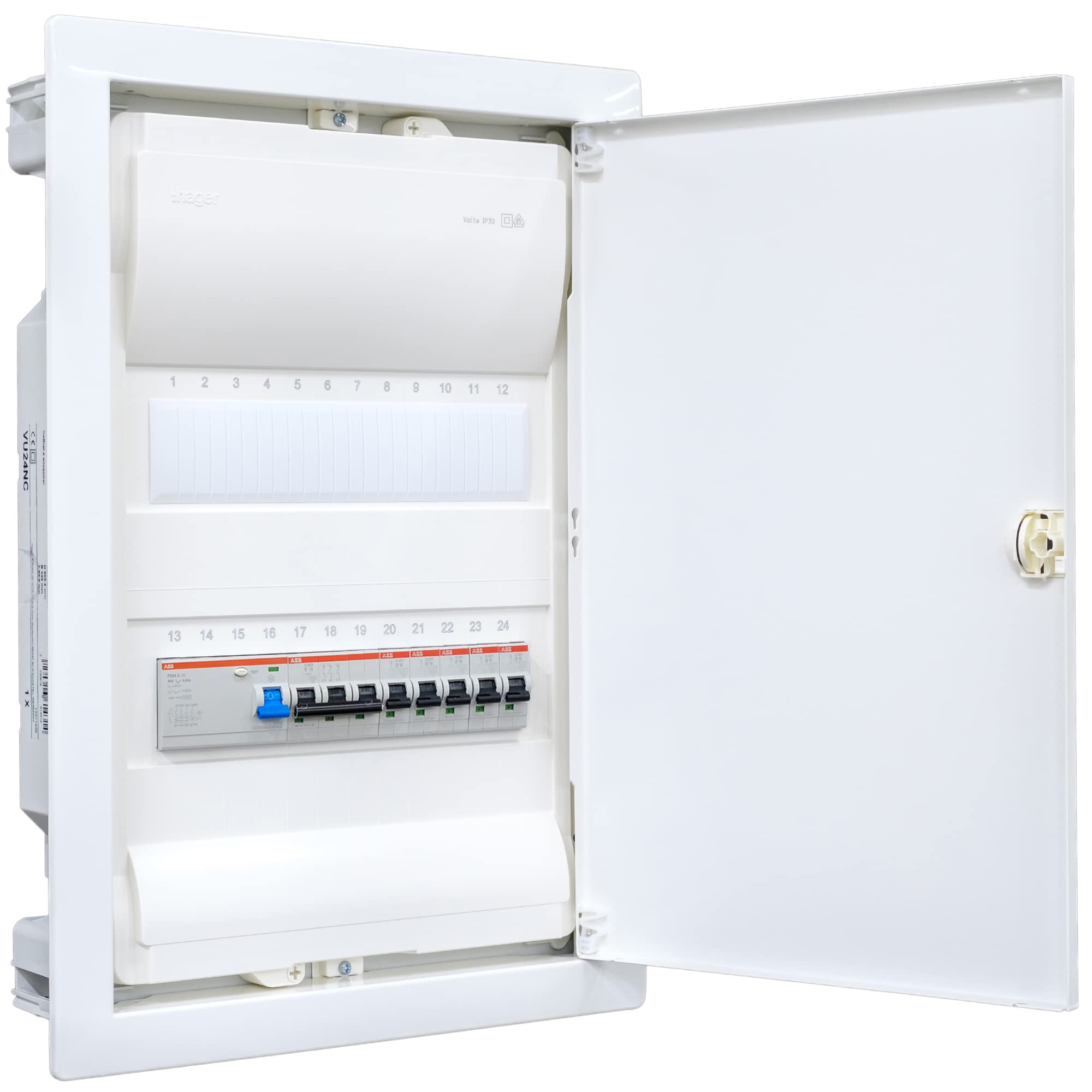 Hager Unterputzverteiler 2-reihig VU24NC ANSCHLUSSFERTIG verdrahtet mit Klemmblock. Bestückung ABB 1x FI 4-pol. + 1x 3pol + 5x 1pol LS B16A