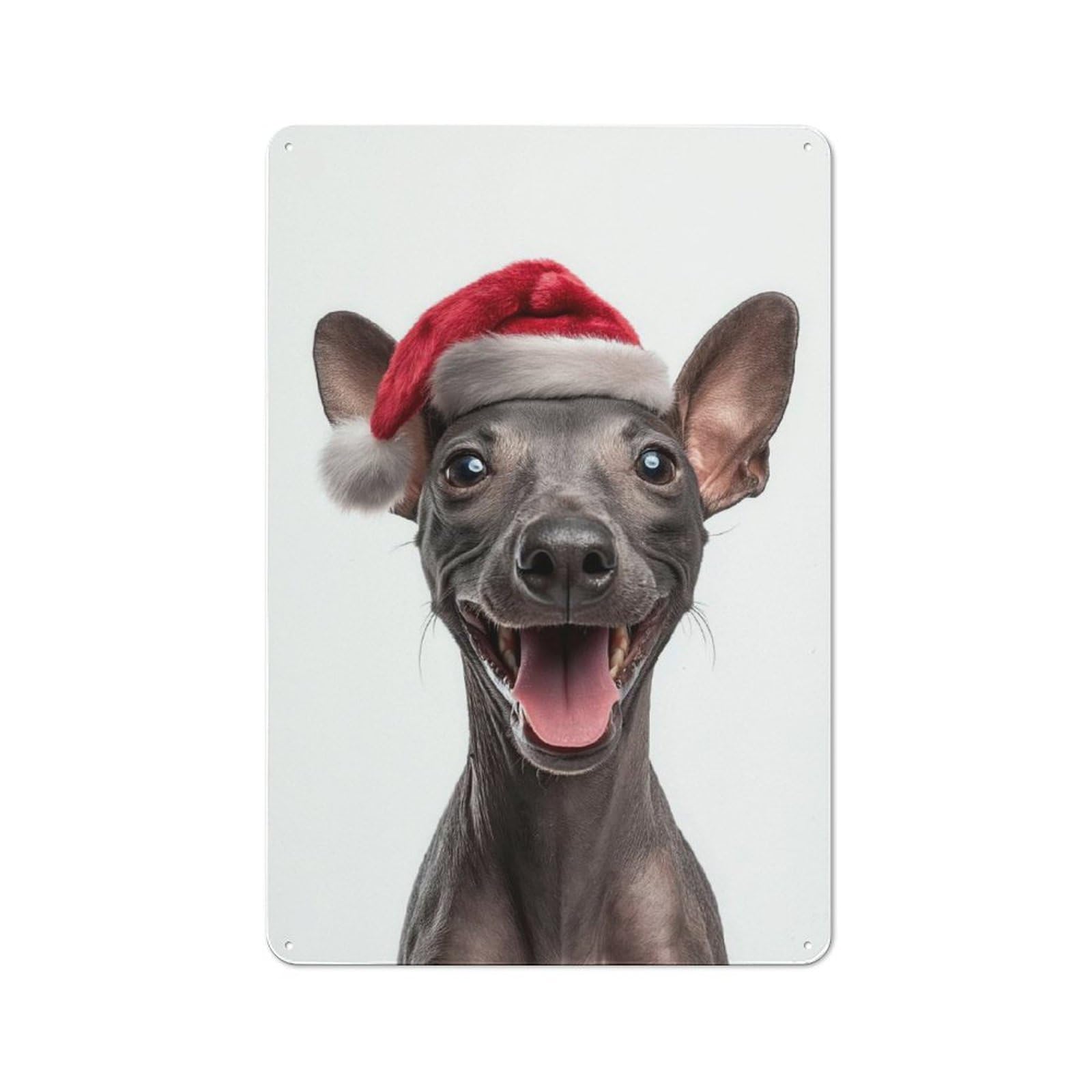 Junmoney Festive American Hairless Terrier With Santa Metal Plaque 30X20cm With Hat For Pub Or Café, Rustic Decor, For Pub Decor Enthusiasts