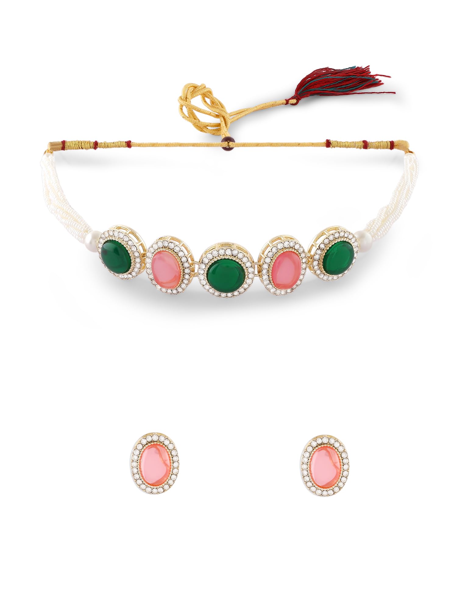 ZAVERI PEARLS Pink Green Stones Austrian Diamonds Multistrand Choker Necklace & Earring Set For Women-ZPFK17763 (B0CZXWYMW4) Amazon Price History, Amazon Price Tracker