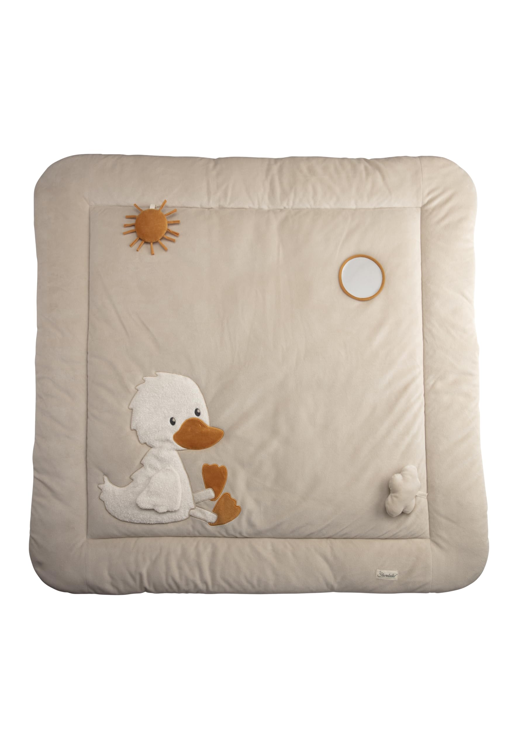 Spieldecke Ente Edda Lou, Baby Krabbeldecke 100 x 100 cm mit Spiegel, Knisterpapier, Quietsche und Rassel,