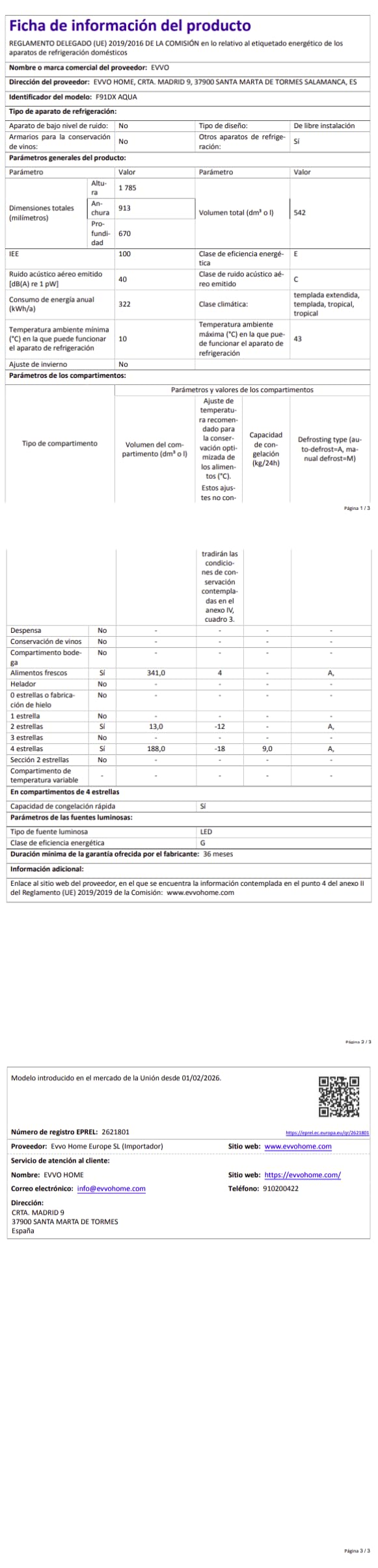 EVVO Frigorífico Americano F91DX Aqua - Nevera Americana No Frost 542L, Motor Inverter, Dispensador de Agua, Clase E, Refrigerador 341L Frigorífico + 201L Congelador