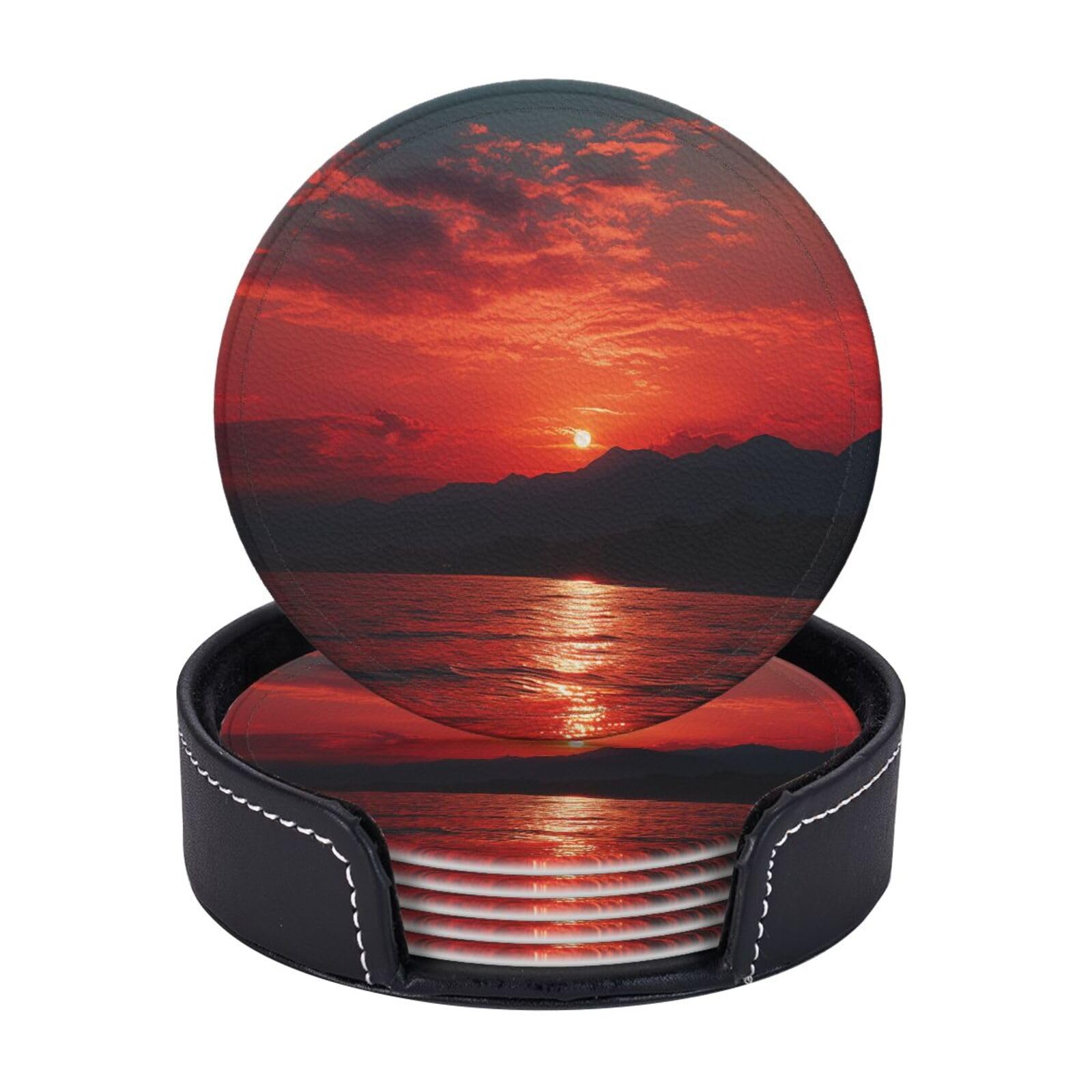 6PCS Drink Coasters with Holder, 4" Leather Coasters for Drinks, Fiery red Sunset Cup Coasters for Coffee Table Decor, Non-Slip Drinking Cup Mat for Hot or Cold Drink