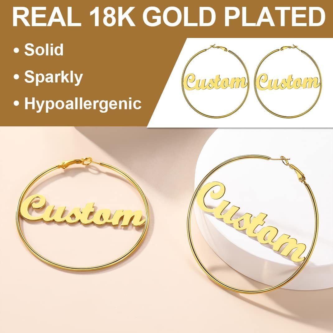 GoldChic Jewelry Name Earrings Personalized For Women, Gold Custom Name Plate Hoop Earrings, Dangle Earrings Studs with Names for Mother Wife