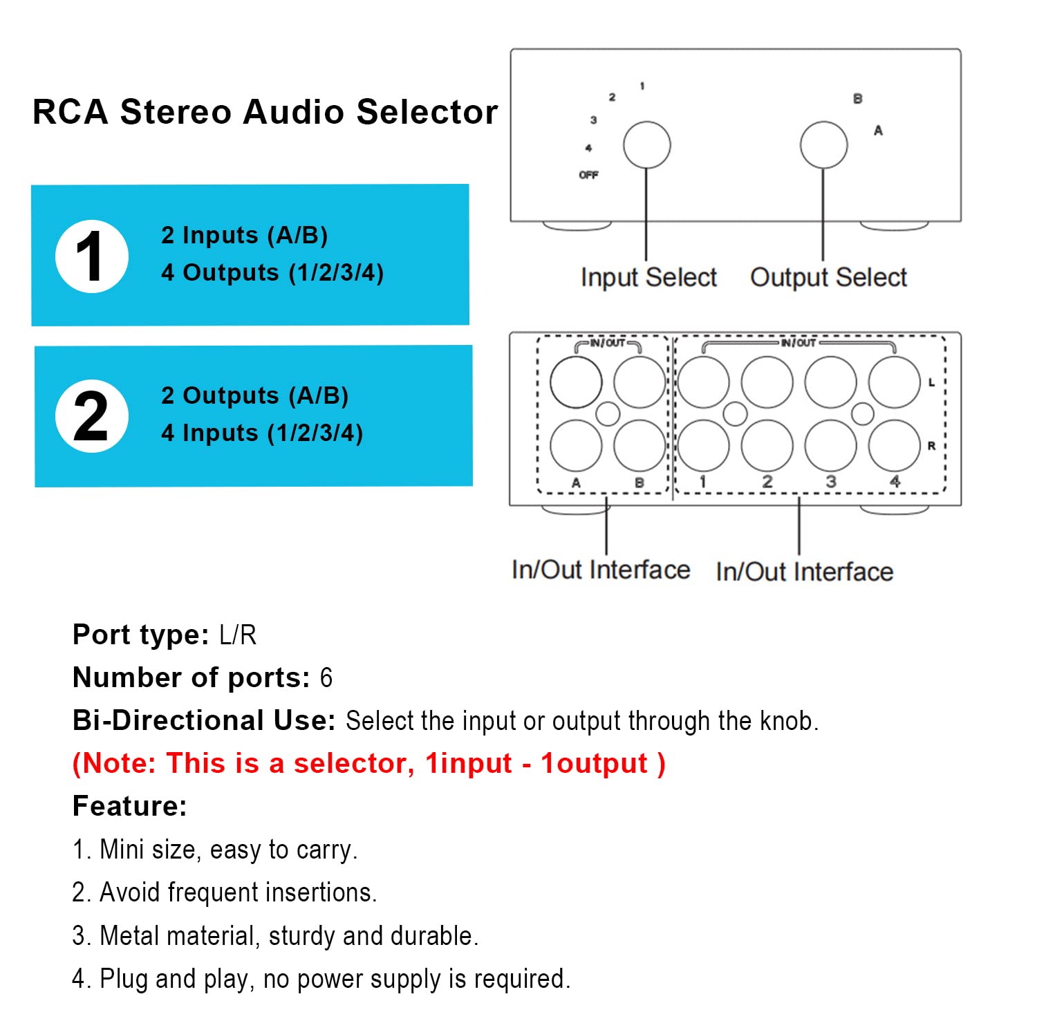 Selector de audio estéreo L/R, 2 pulgadas - 4 salidas/4 en 2 salidas, interruptor de altavoz, caja de interruptores de audio, selector de conmutación AB, bidireccional para reproductor de CD y altavoz