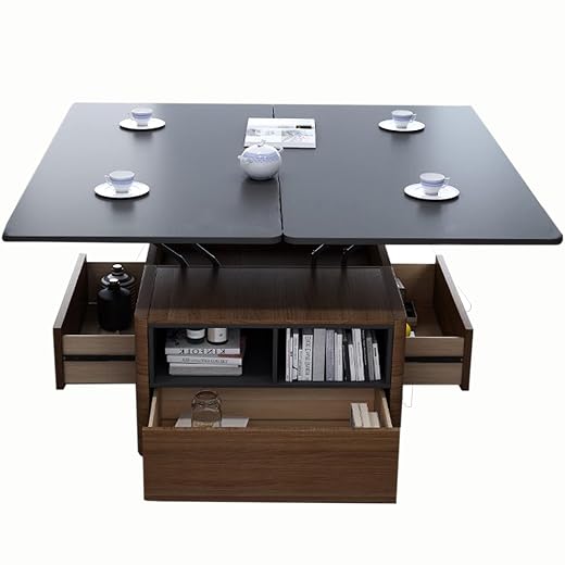 Wooden Lift Top Coffee Table w/Open Storage Shelf and 3 Storage Drawers Cocktail Table Modern Lift Tabletop Dining Table, Rectangle Coffee Table for Living Room/Reception Room/Office
