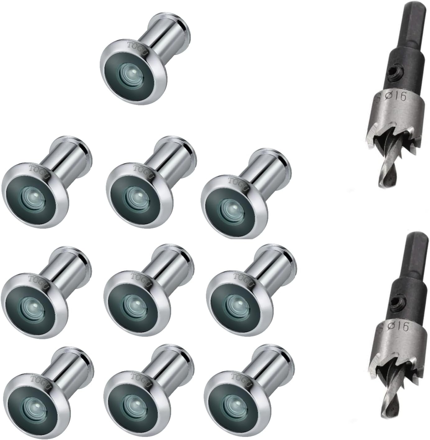 TOGU 10 PCS of 220-degree Solid Brass Peep Holes for Door with 16mm Drill Bit, Compatible with Door Thick from 1-3/8" to 2-1/6", Polished Chrome Finish