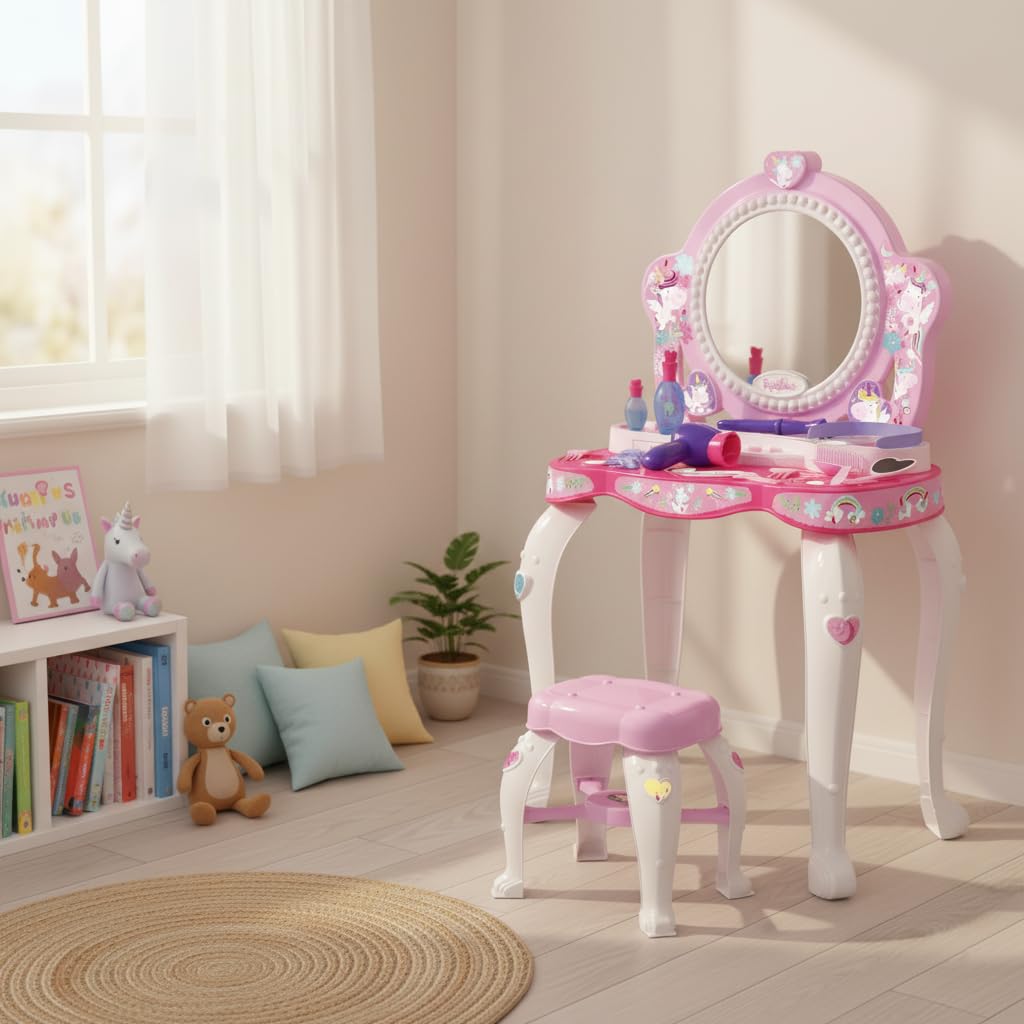 Chicos - Tocador Infantil Top Star Unicornio para Niñas | Juego de Maquillaje Infantil con Espejo y Taburete | Incluye 12 Accesorios, Secador y Diadema | Para Niñas a partir de 3 Años (87398)