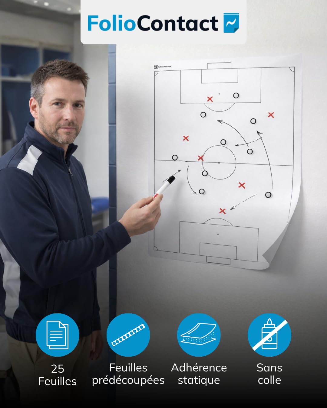 FolioContact - Tableau tactique de football - 60 x 80 cm - Film tactique statique auto-adhésif avec 25 feuilles et 2 marqueurs pour tableau - Effaçable et réinscriptible - Alternative au tableau