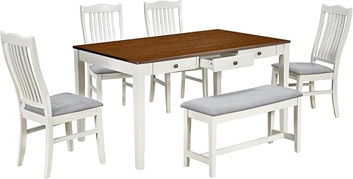 Miniatura 8 de LUMISOL Juego de mesa de comedor para 6, juego de mesa de cocina de granja con 4 sillas tapizadas, banco y cajones de almacenamiento, juego de mesa