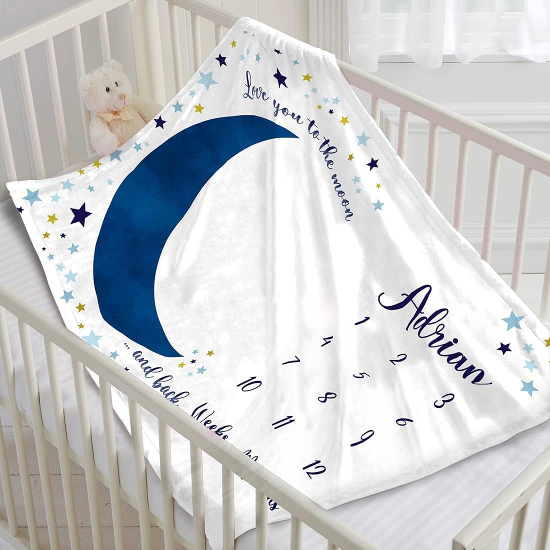 Milestone Monthly Personalized Blanket for Baby Girl & Boy. Custom Name Fleece Soft Throw from Baby's Name. Gift for New Born, Dad Mom Grandparents Christmas (Moon and Back Navy)