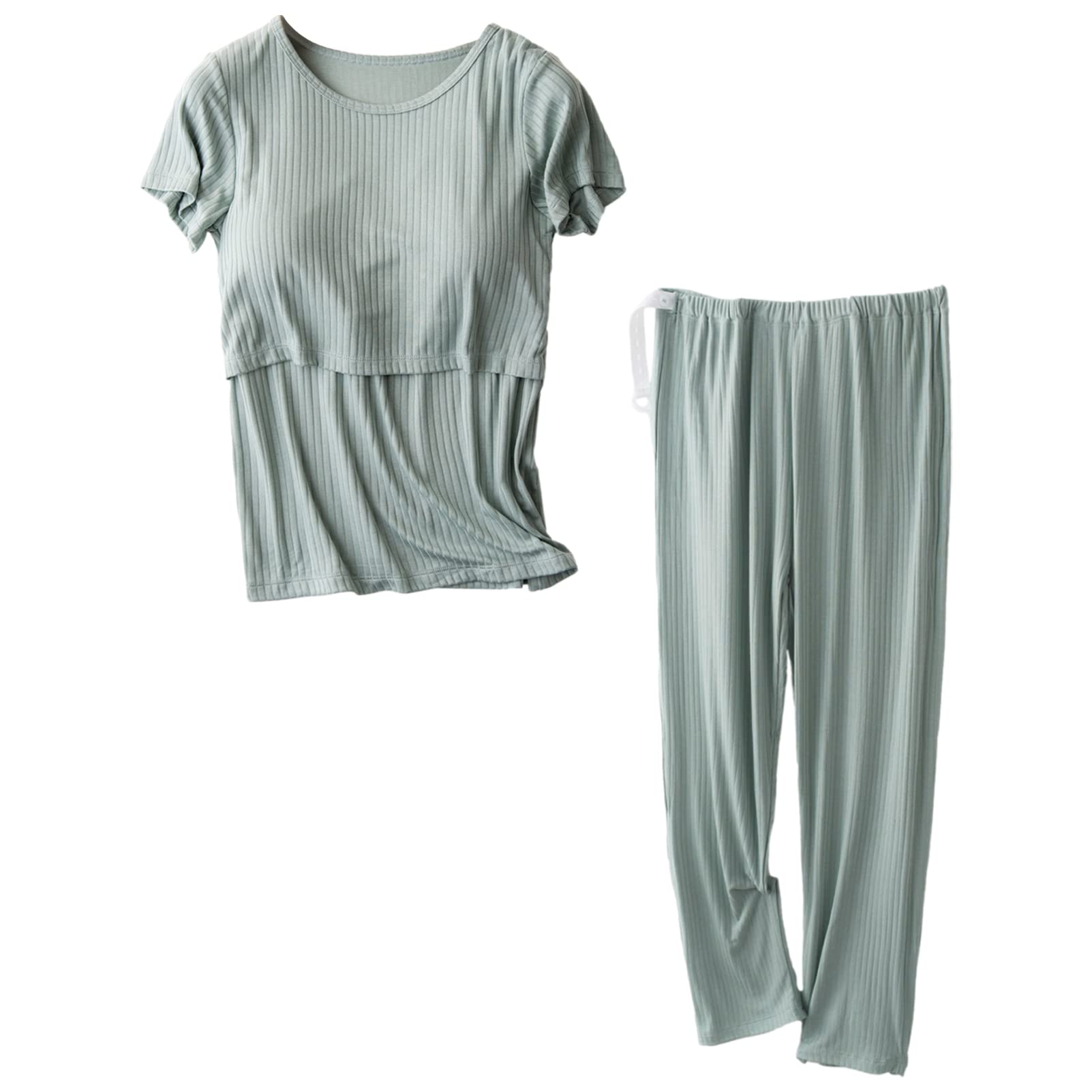 Mujer Maternidad Mangas Cortas Camisas de Enfermería Tops y Pantalones Largos Casual Conjunto de Ropa de Lactancia Materna