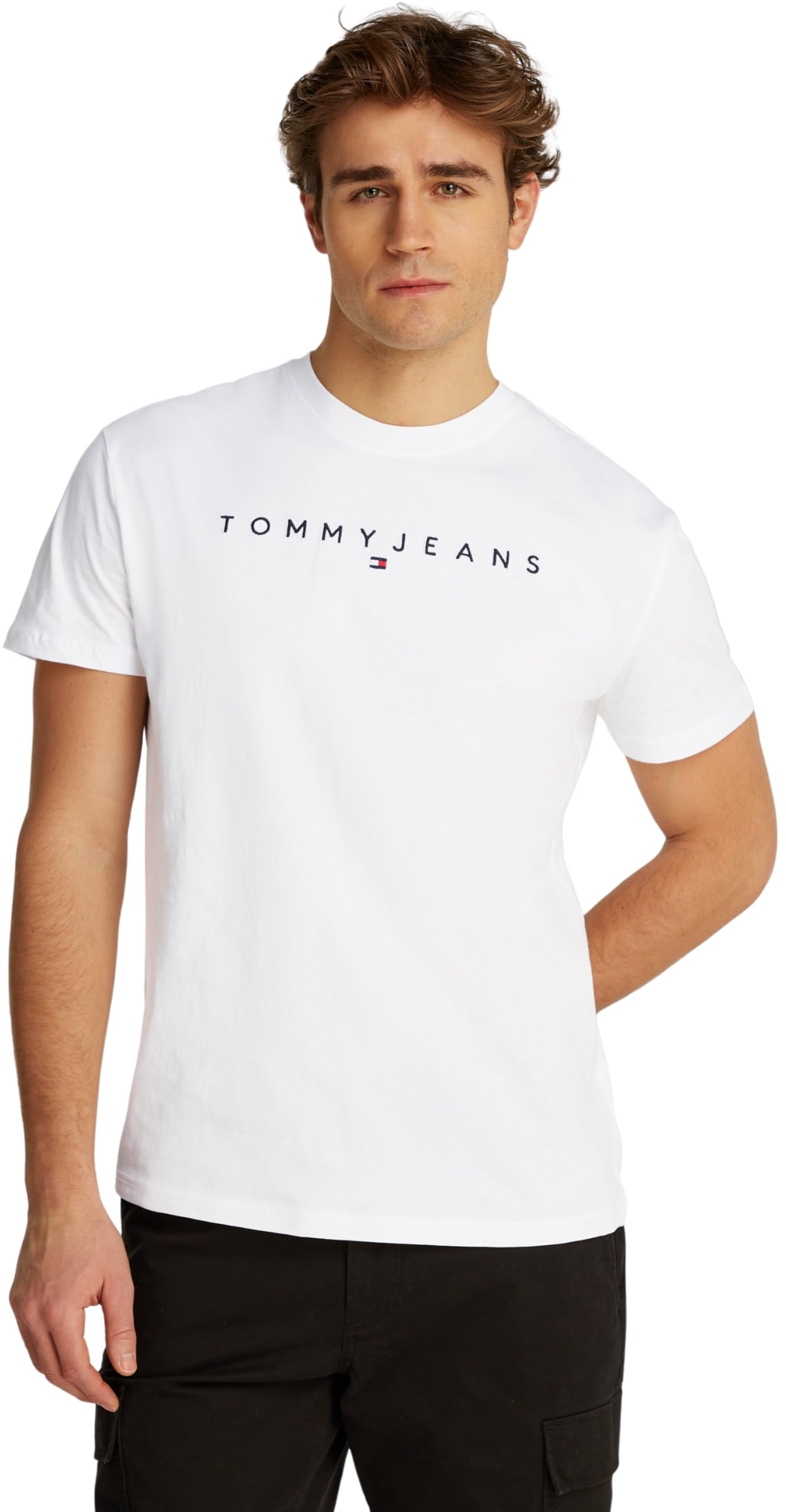 Tommy Hilfiger Men's White Linear Logo Embroidery Jersey T-Shirt