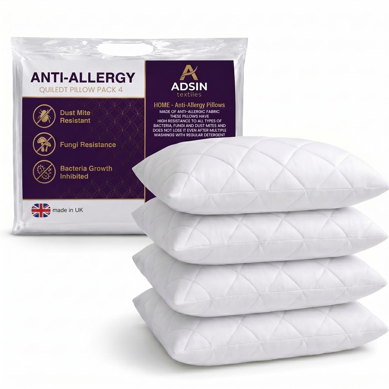 adsin Hotel Quality Quilted Pillows Pack of 4 Anti Allergy Bounce Back Bed Pillows with Soft Touch Quilted Cover – Breathable Hollowfibre Filling for Side, Back & Stomach Sleepers