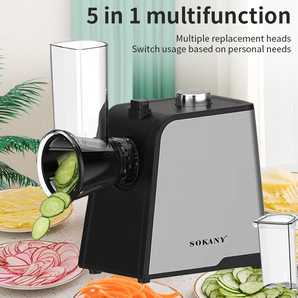 SOKANY 1000W Grattuggia Elettrica, Affetta Insalata con 5 inserti extra-affilati, Tritatutto Per Verdura e Frutta per Grosso, Fine, Affettato, Tritato, Facile da Pulire (SK-06018)